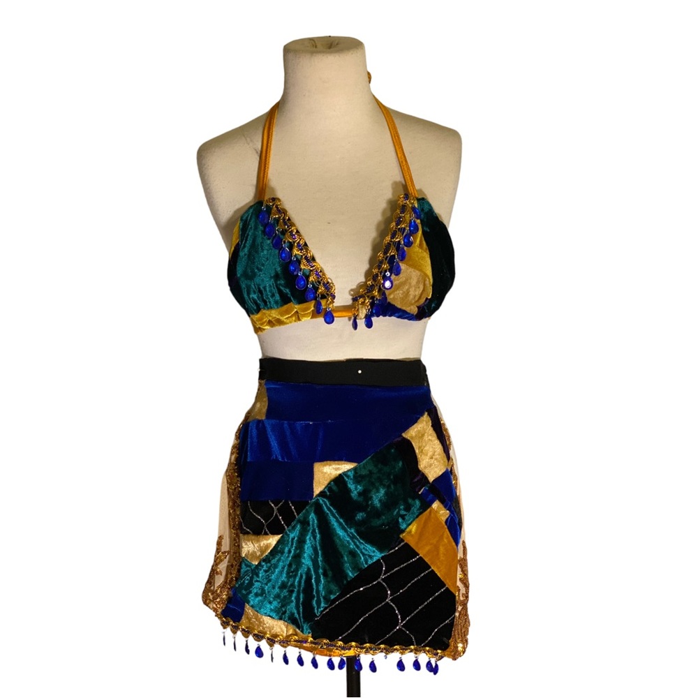 Handmade Blue Rhinestone Velvet Co-ord: Patchwork Stretch Set